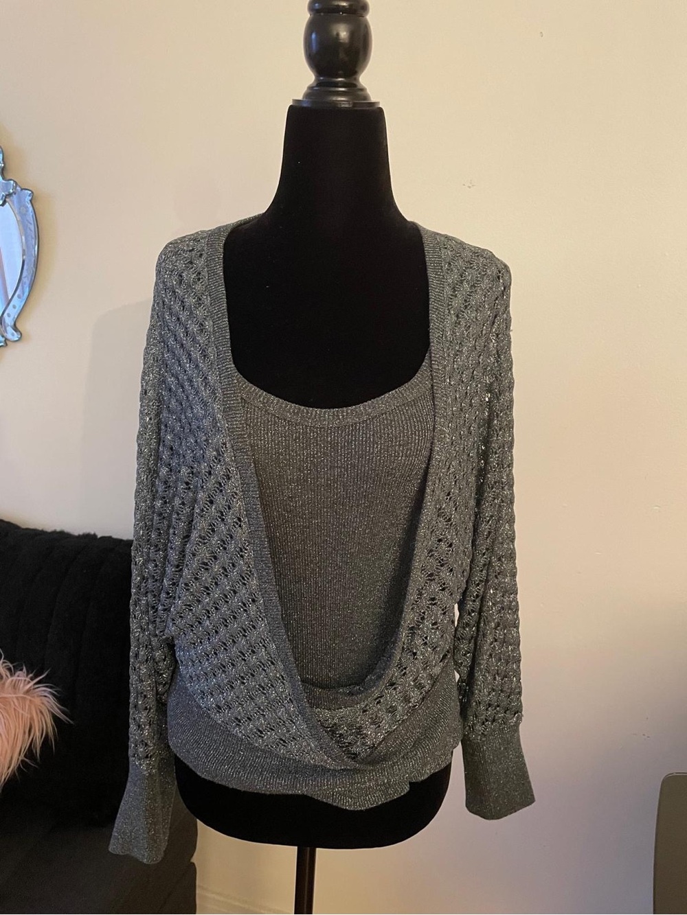 Fi-filles de Paris de Women’s Gray Open-Knit Layered Cardigan with Built-In Tank